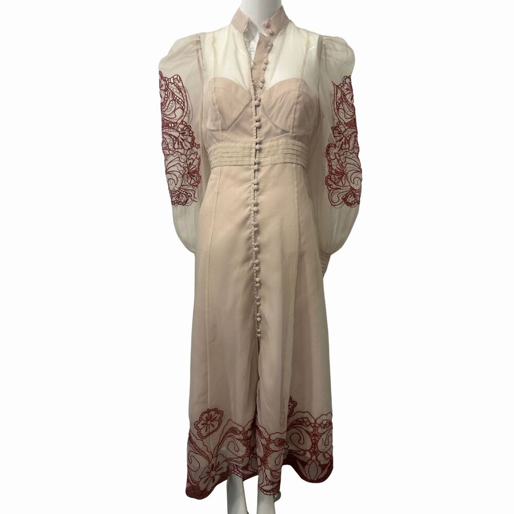 Karen Millen  Long Sleeves Midi Dress Cream Organdie Embroidered Woven Size 6